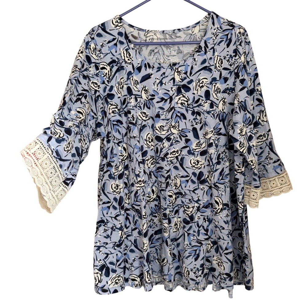 Woman Within Floral Tunic Top 1X Crochet Lace 3/4 Sleeve Feminine Cottage Boho